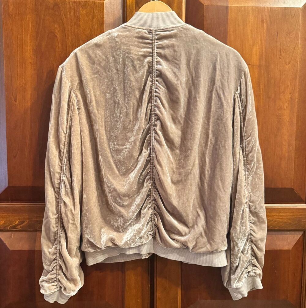 Free People Ruched Velvet Bomber Jacket Taupe Beige Boho Medium - Picture 3 of 16